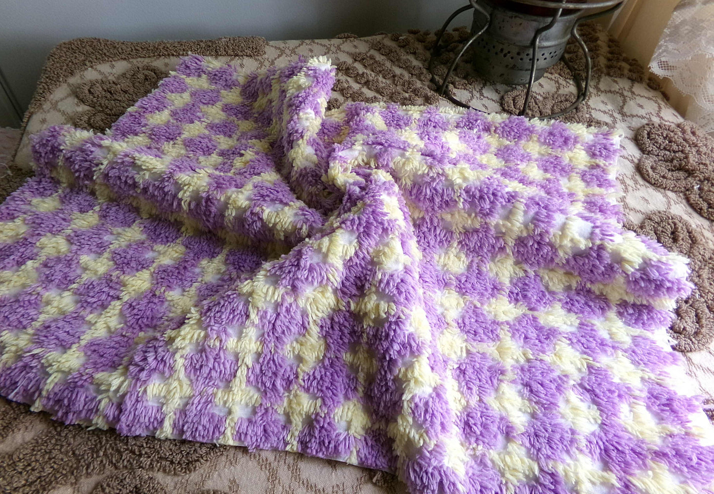 Happy Yellow & Purple Plaid Vintage Chenille Quilt Fabric, 25" x 21" inch Piece, 100% Soft Cotton Blend