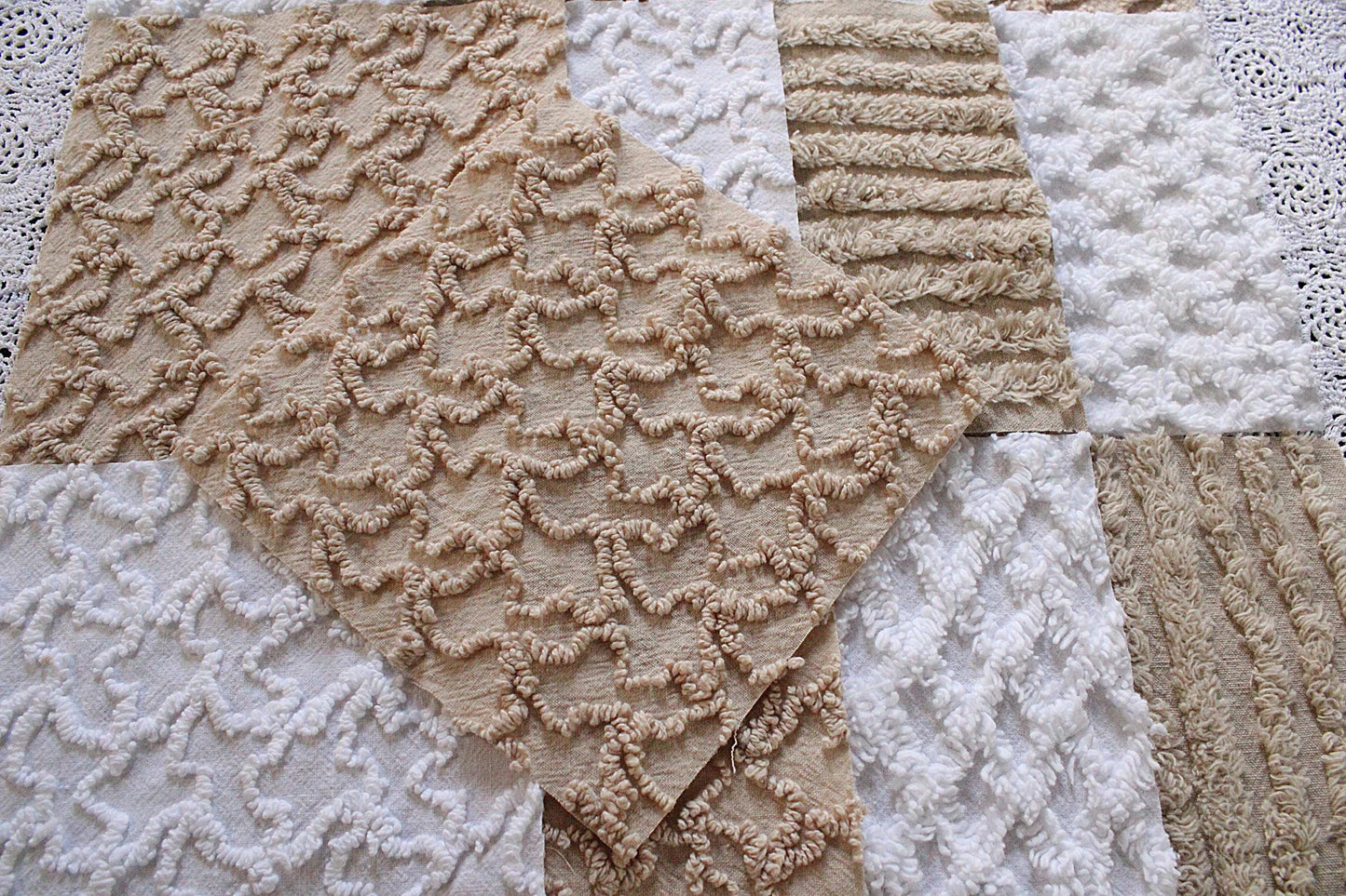 On Trend Neutral Chenille Fabric Squares for Quilting & Crafts in Versatile Sand, Vintage Mocha, White - 16 Rotary Cut Blocks, 6" x 6" inch
