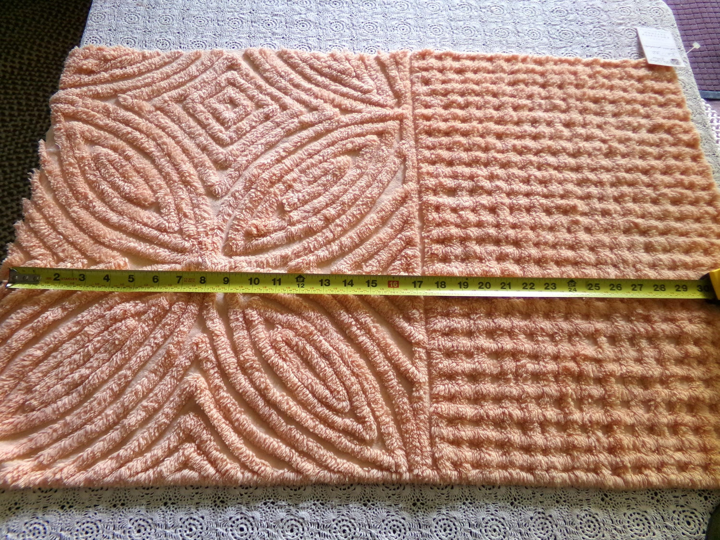 Plush Peach Glow Chenille Material, 20" x 32" inch Vintage Fabric Piece, Thickly Tufted Waffle Grid & Geometric Flower Petals