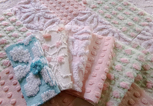 cottage garden chenille fabric squares, vintage craft square set of 17 quilt blocks, 6" x 6" inch, ideal in handmade chenille quilts, crafts