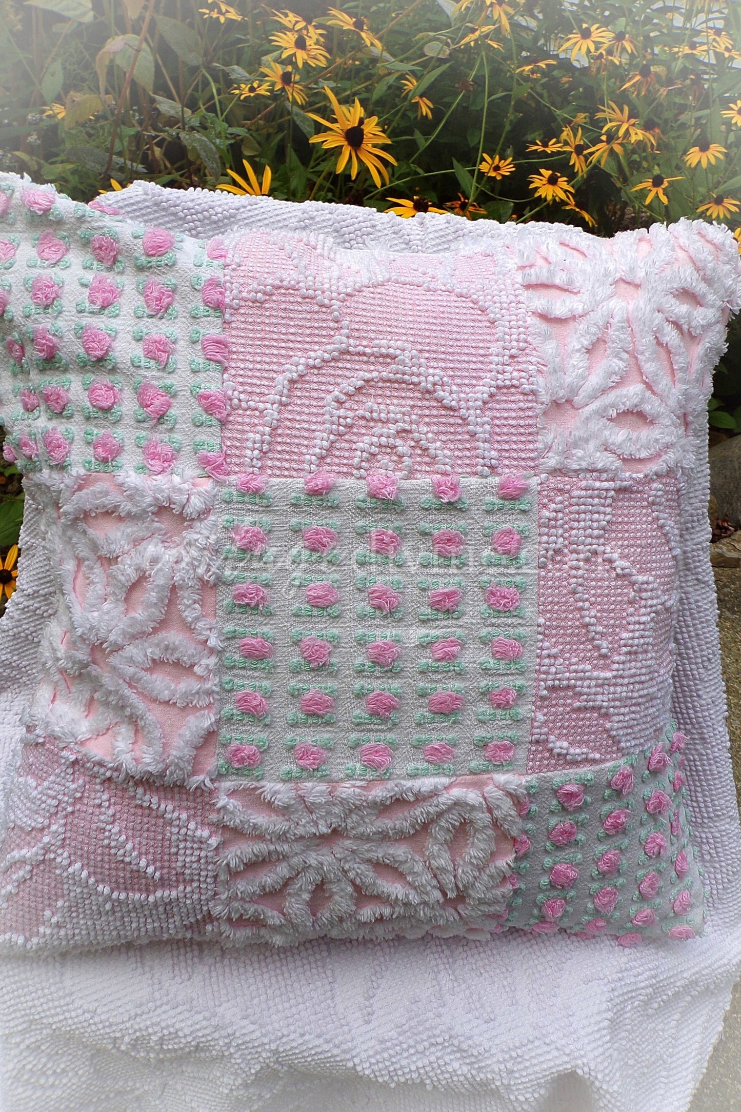 Cottage Fantasy Chenille Pillow Cover 16" x 16" inch Square, REVERSIBLE Patchwork Pink Accent Pillow from Vintage Chenille Bedspread Fabric