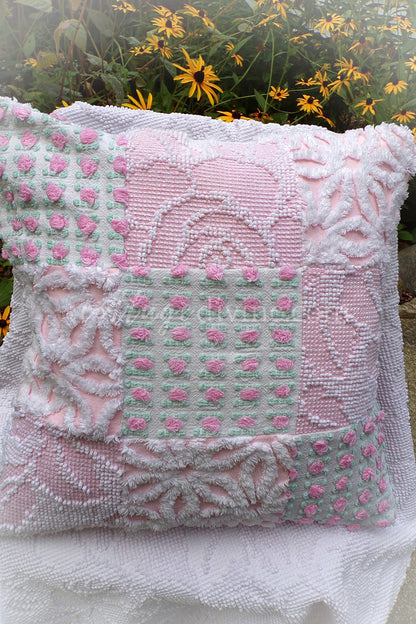 Cottage Fantasy Chenille Pillow Cover 16" x 16" inch Square, REVERSIBLE Patchwork Pink Accent Pillow from Vintage Chenille Bedspread Fabric