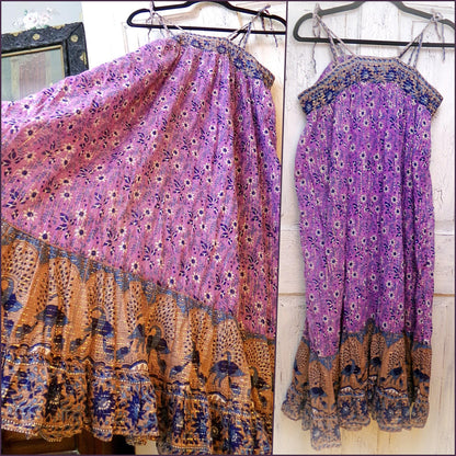 vintage Starina Creation Paris dress, rare 1970s boho peacock print, gold thread floral pattern, midi length gauze cotton India sundress, S