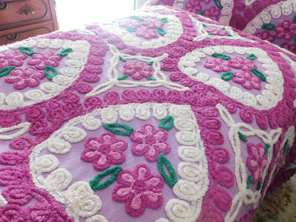 Vintage Chenille Bedspread, Lavender Hearts Hugging Flower Trios in Swirls of Fluffy Tufts, Full Size 1950s Midcentury Design, 100% Cotton