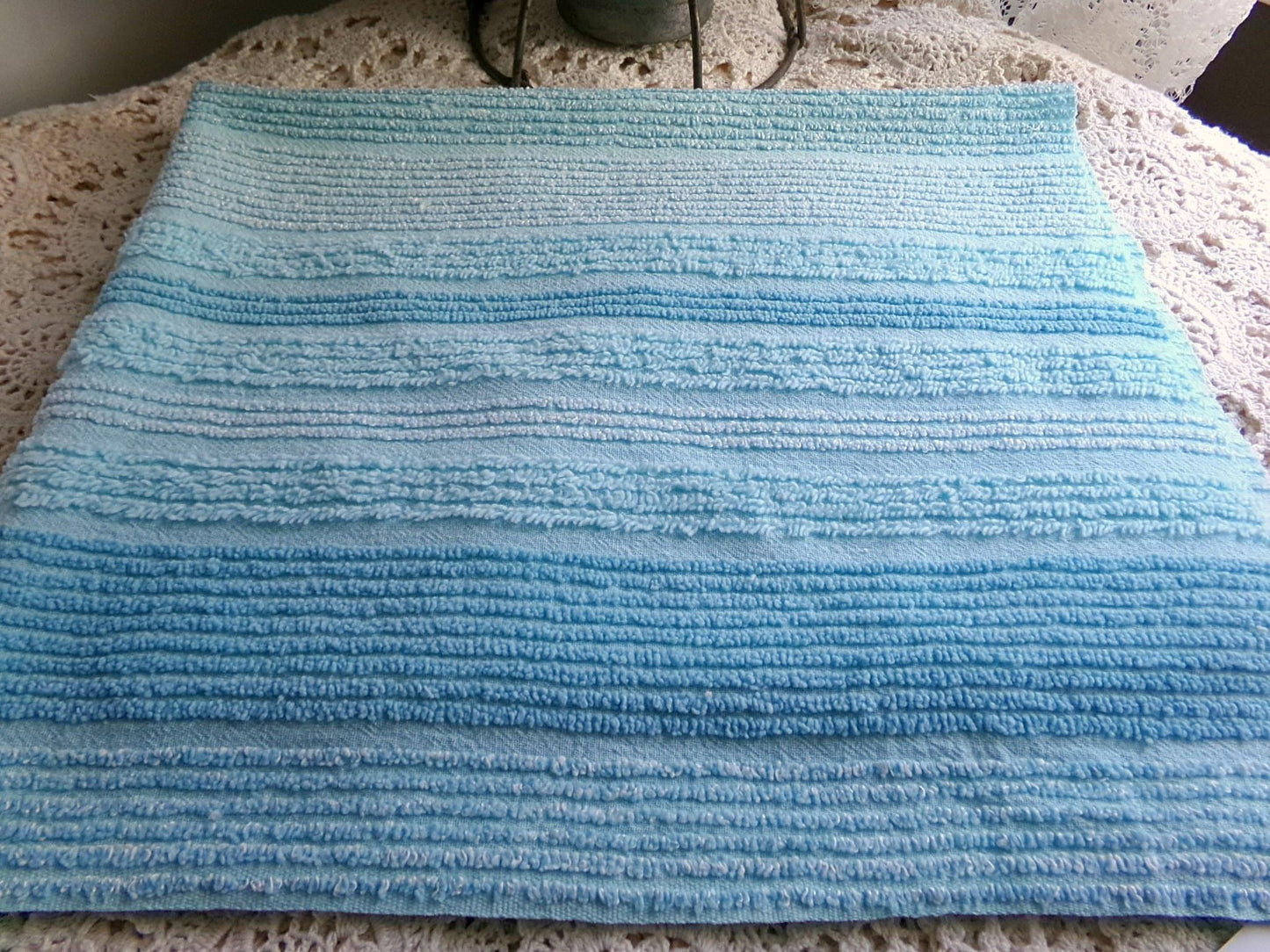 mermaid trail vintage striped chenille fabric, lightweight aqua sewing material with variegated multisize lines, 20" x 24" inch piece