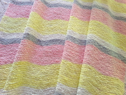 soft cozy striped chenille fabric, vintage 20" x 24" piece of lightweight sewing material in pink, yellow, white & grey ripple stripes