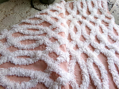 plush white eternity link chenille fabric on peach cotton seersucker, 19" x 25" inch piece of sewing material