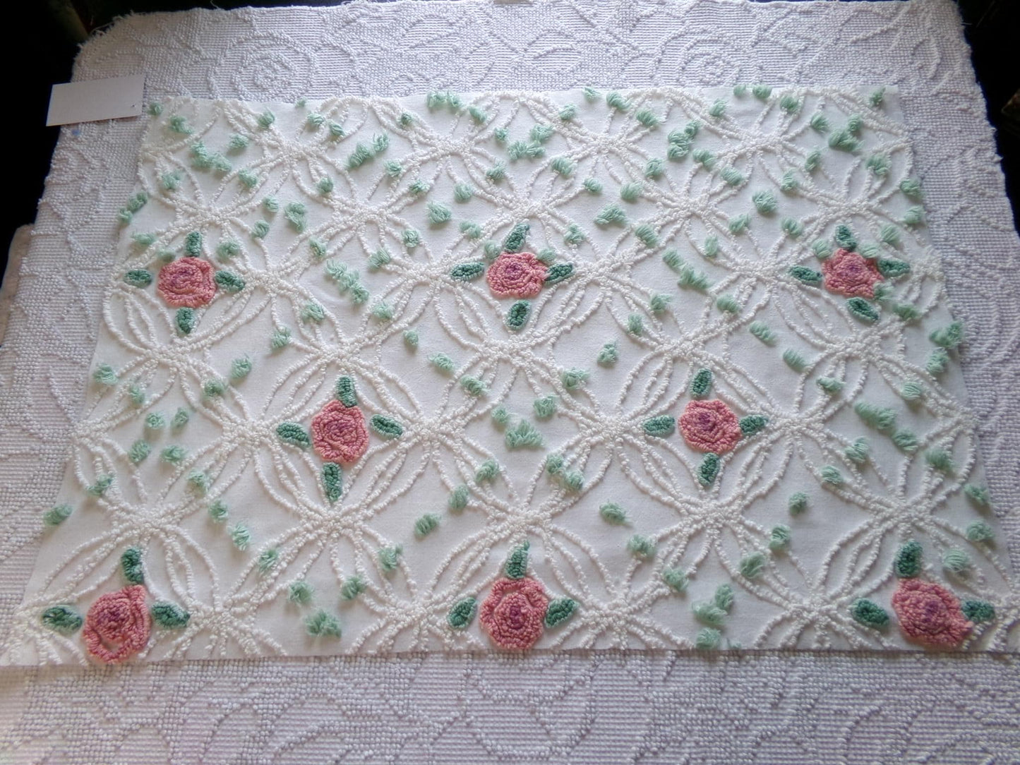 Pink Rose Garden Vintage Chenille Fabric, 18" x 25" Piece, Lovely Pink Florals in White Wedding Rings with Green Pops, 100% cotton material