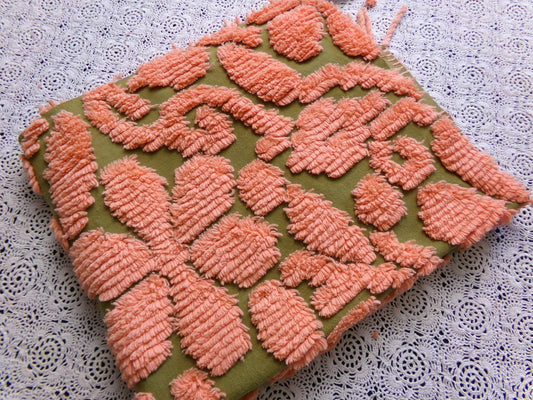 Boho Retro Coral Orange & Moss Green Vintage Chenille Fabric, 23" x 26" Piece, Large Stylized Flower Power Daisies