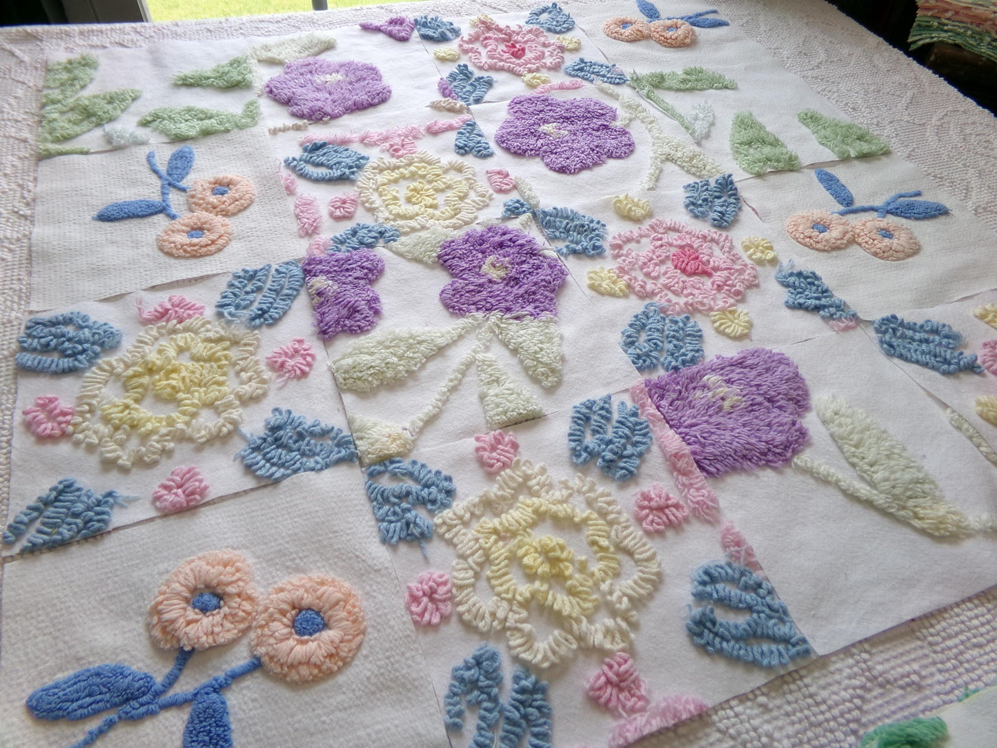 spring blooms vintage chenille fabric squares: pretty flowers set of 16 floral 6" quilt blocks