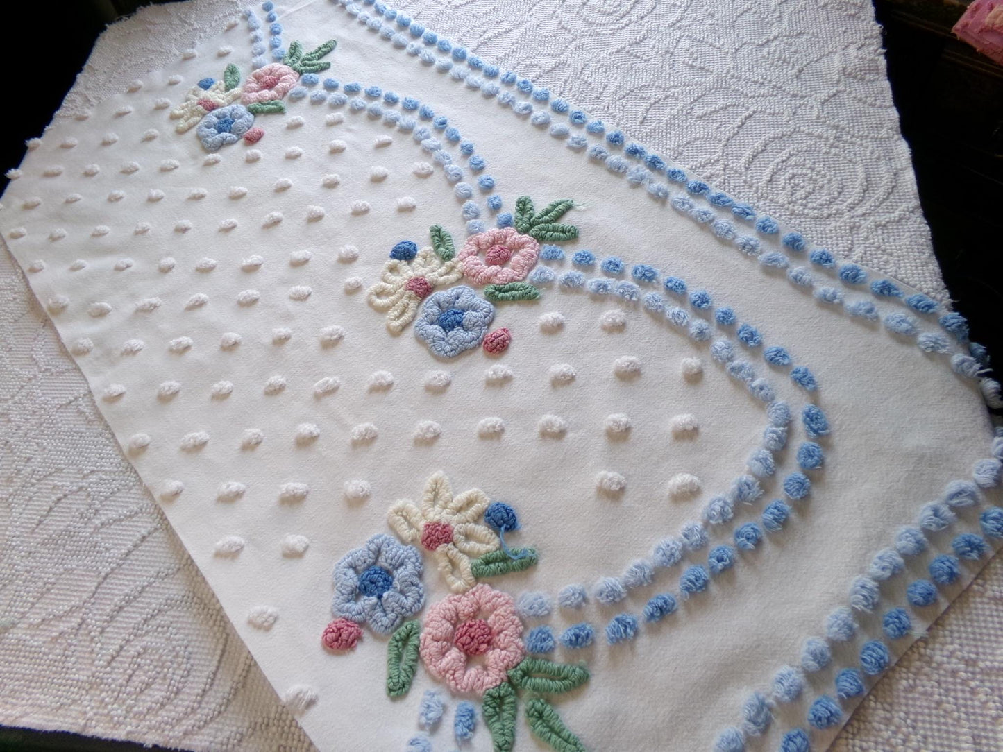 shabby divine vintage chenille fabric, prettiest floral 18" x 34" inch large piece of cotton sewing material, great for quilting & crafts