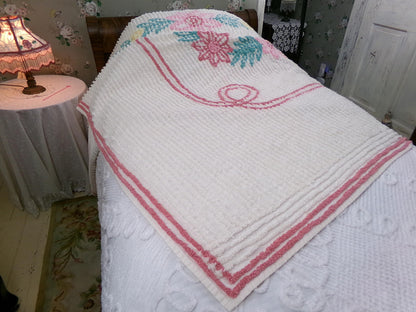 Vintage Twin Chenille Bedspread w/ Pink Star Lilies, Botanical Leaves on Cream Tufted Cotton
