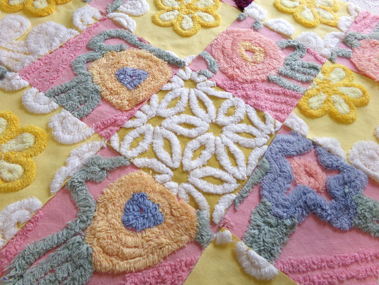 vintage chenille fabric squares, "buttercups & rose petals" set of 16 floral 6" quilt blocks in yellow flower, rose pink floral, gold daisy