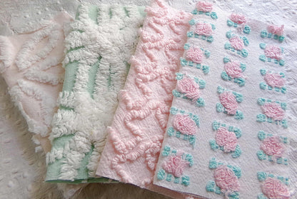 Chenille Squares Set, "Flower Petals," 16 Vintage Fabric Quilt Blocks, 6" inch in White Daisy, Pink Rosebud, Mint Green, Squiggles