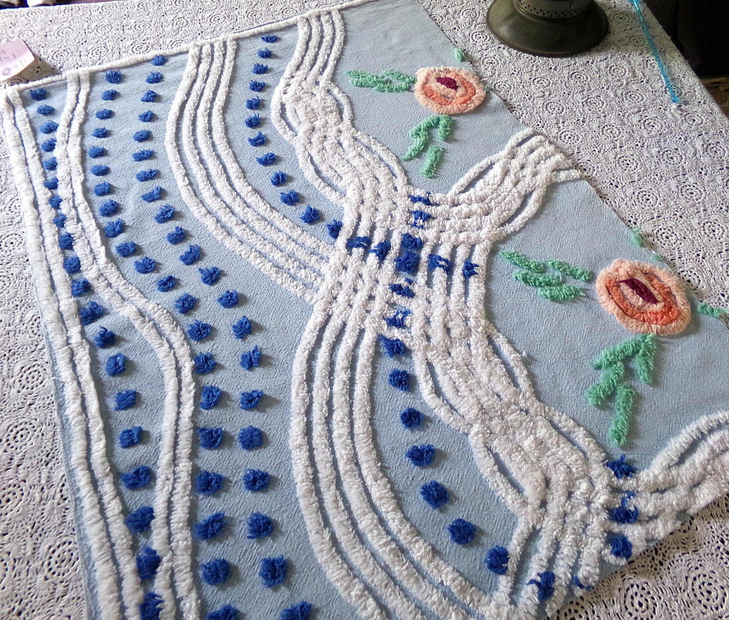 Cottage Style Blue Chenille Fabric, Pretty Pink Roses, 23" x 21" inch Piece, Great for Handmade Quilts & DIY Pillow Covers