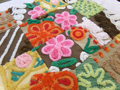 flower power vintage chenille fabric squares, set of 16 boho 70s style 6" blocks for arts & crafts, sewing