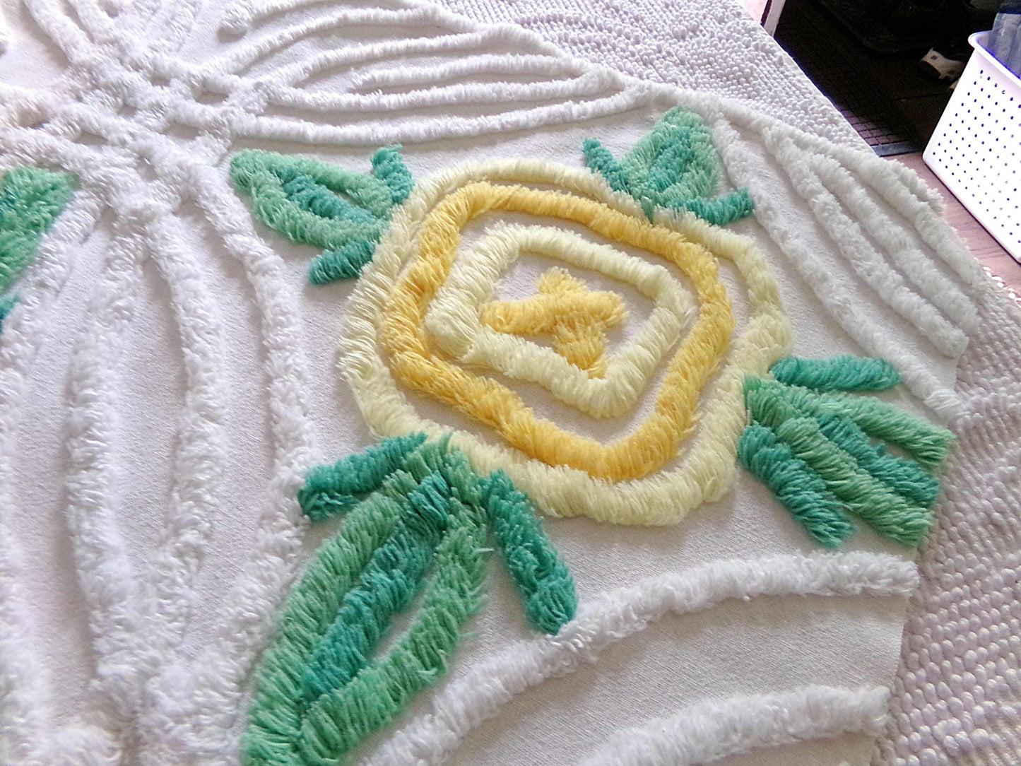 Shabby Chic Chenille Fabric, Yellow Cabbage Roses on White Cotton, 30" x 17" inch Piece, Pretty in Pillows & Quilts