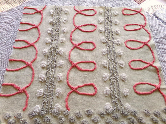 red doodles sewing fabric, retro design with grey pops on buttercream, 18" x 24" inch piece cut from a vintage chenille bedspread