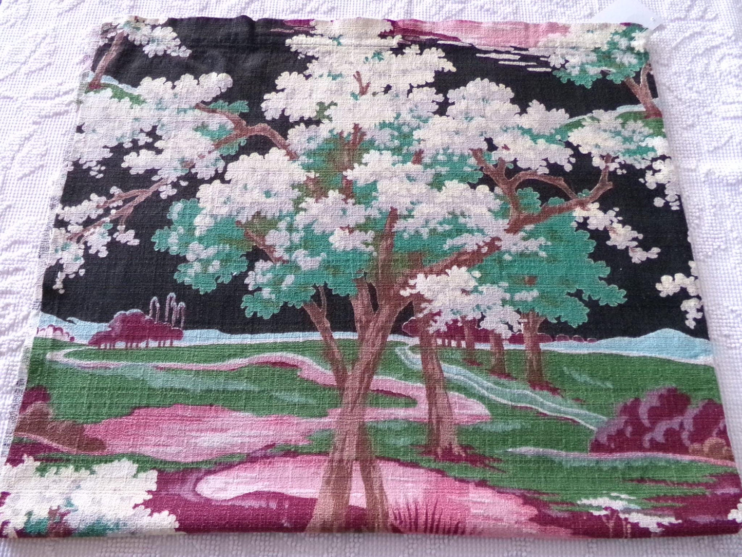 dramatic piece of vintage black barkcloth fabric in mystic tree print, 20" x 35" inch piece from deconstructed curtain panel