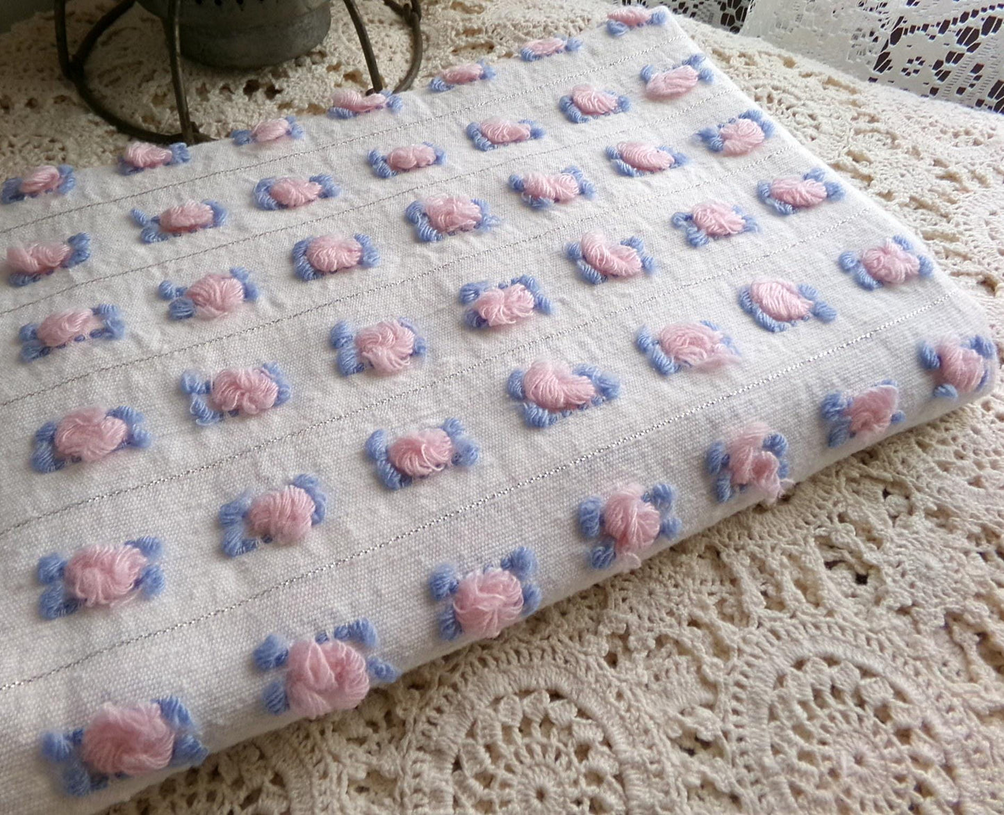 pink rosebud vintage chenille fabric, 20" x 24" inch cut piece of quilt material with tufted roses, blue leaves & shimmer silver lurex