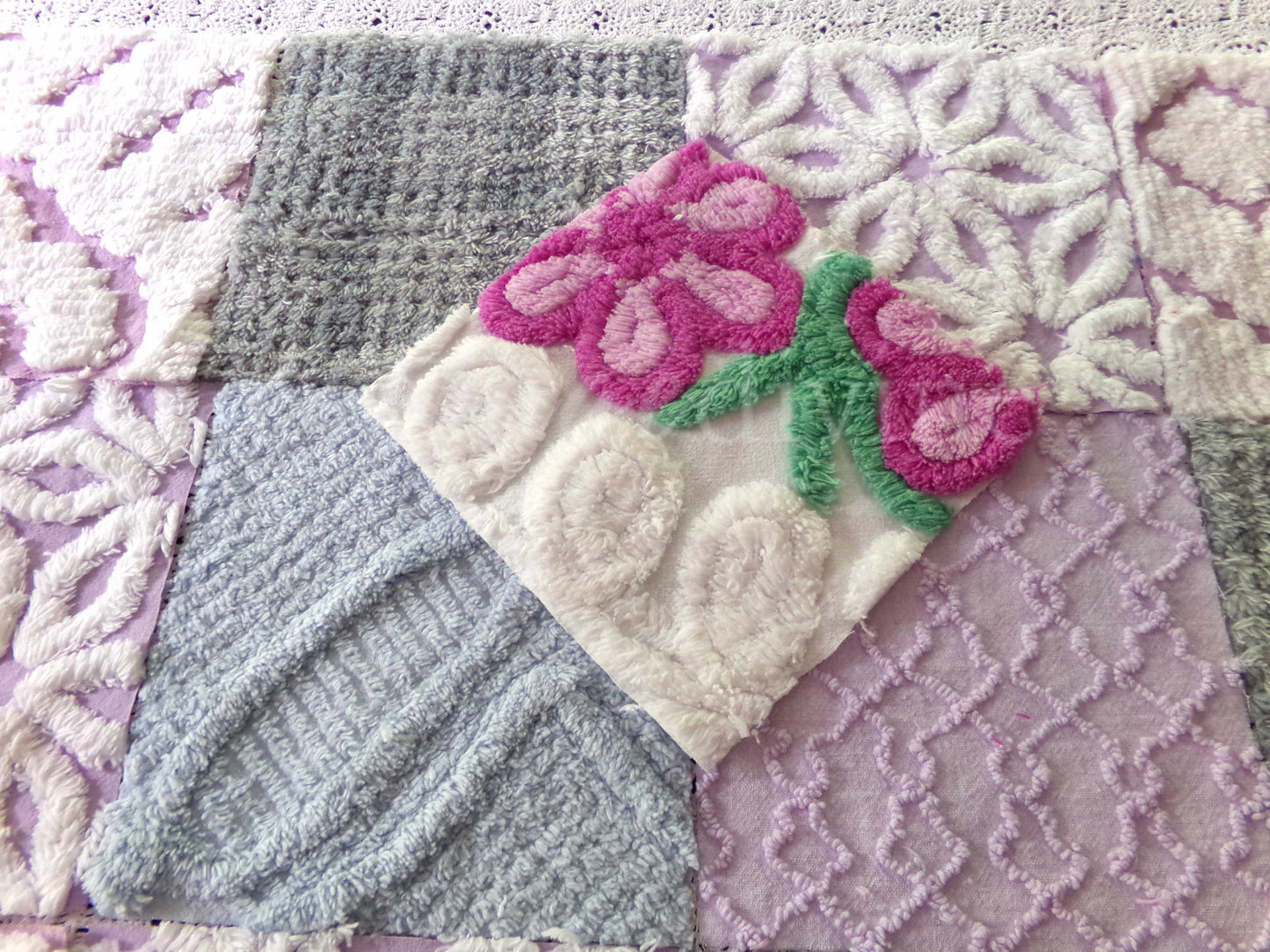 Sweet Dreams Vintage Chenille Fabric Squares, in Grey, Lilac, White & Blue, Set of 17 Blocks, 6" Each for Quilts, Crafts