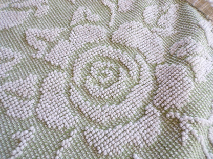 Sage Green Creamy White Cabbage Rose Chenille Fabric, 19" x 23" inch Piece, Vintage Fieldcrest Reversible Hobnail Design, Durable & Strong