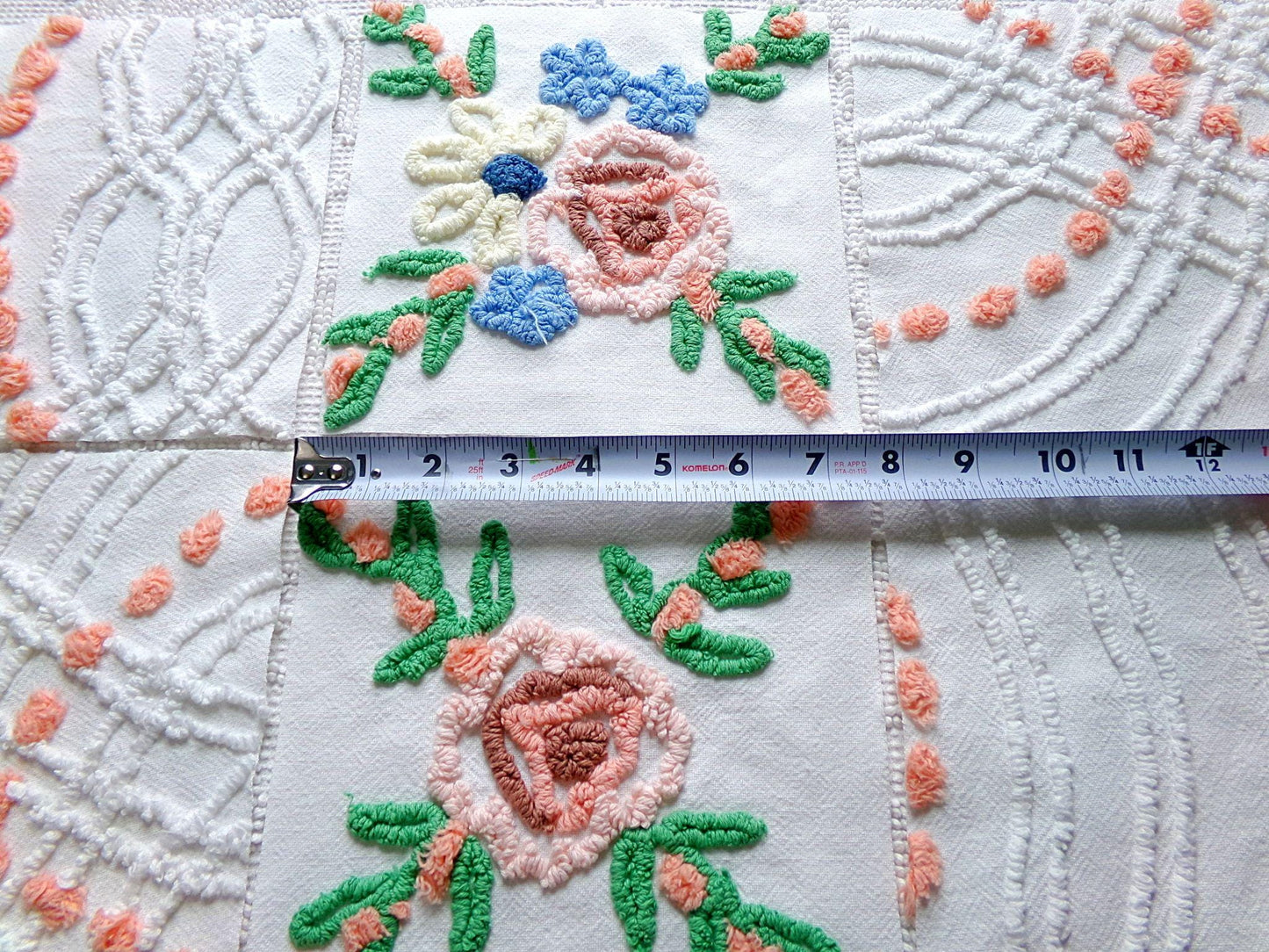 cottage style chenille fabric squares, set of 6 vintage 7.5" quilt blocks, peach, white rose floral & geometric for sewing, crafts, quilting