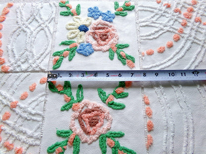 cottage style chenille fabric squares, set of 6 vintage 7.5" quilt blocks, peach, white rose floral & geometric for sewing, crafts, quilting