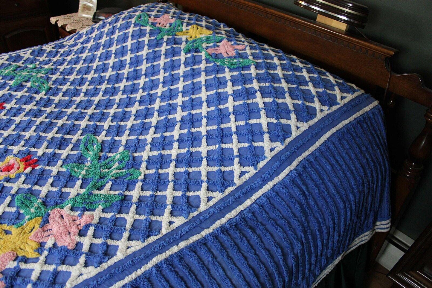 Royal Blue Vintage Peacock Chenille Bedspread, Bold Tropical Floral Colors, FULL Sz