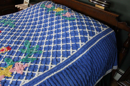 Royal Blue Vintage Peacock Chenille Bedspread, Bold Tropical Floral Colors, FULL Sz