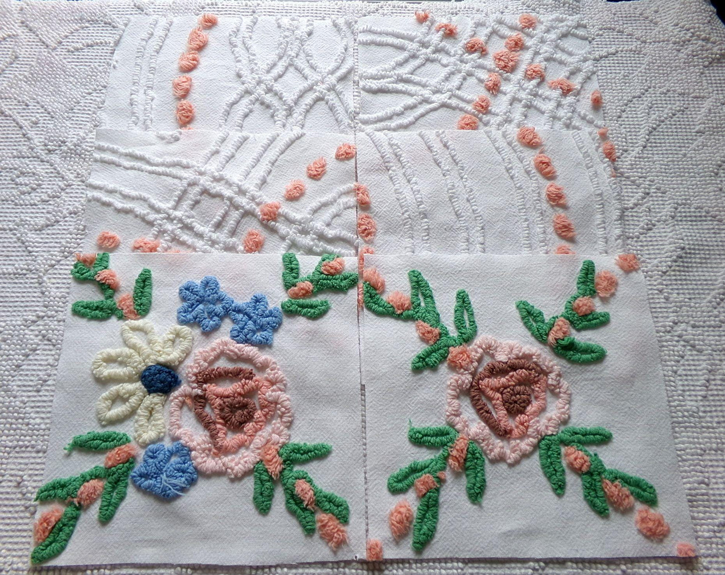 cottage style chenille fabric squares, set of 6 vintage 7.5" quilt blocks, peach, white rose floral & geometric for sewing, crafts, quilting