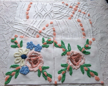 cottage style chenille fabric squares, set of 6 vintage 7.5" quilt blocks, peach, white rose floral & geometric for sewing, crafts, quilting