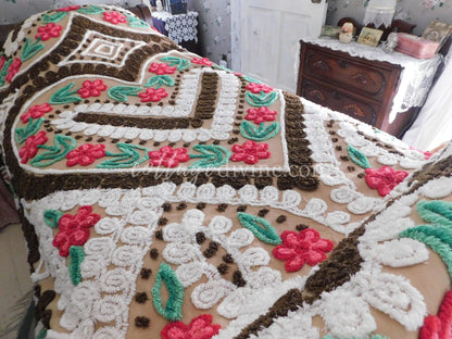 Chocolate Cherry Heart Cake Midcentury Vintage Chenille Bedspread, Cotton, Full Size