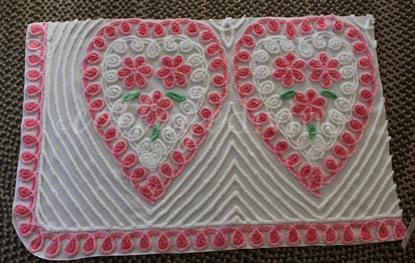 Pink Rose Candy Hearts Vintage Chenille Fabric, 27" x 42" Inch LARGE Piece, Cute Floral Trios on White Cotton, Great for Quilting & Pillows