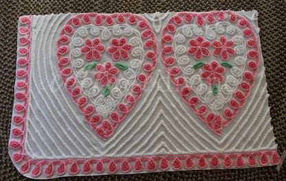 Pink Rose Candy Hearts Vintage Chenille Fabric, 27" x 42" Inch LARGE Piece, Cute Floral Trios on White Cotton, Great for Quilting & Pillows