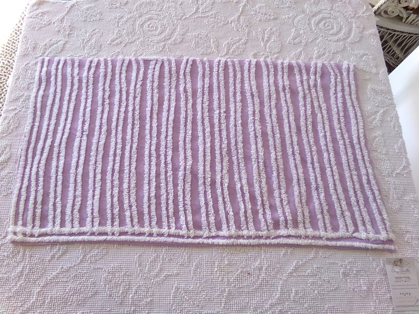 easter lilac chenille fabric, white tufted stripes on purple, 15.5" x 27" inch piece cut from vintage chenille bedspread