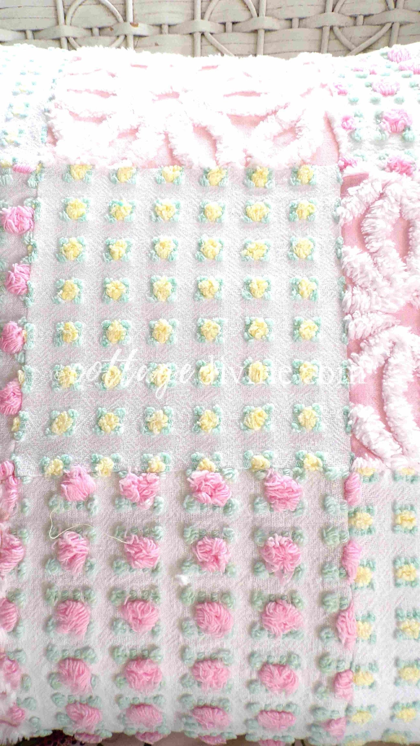 Daisy Rose Cottage Chic Chenille Pillow Cover 16" x 16" inch Square, Vintage REVERSIBLE Accent Pillow, Pink & Yellow Patchwork Design