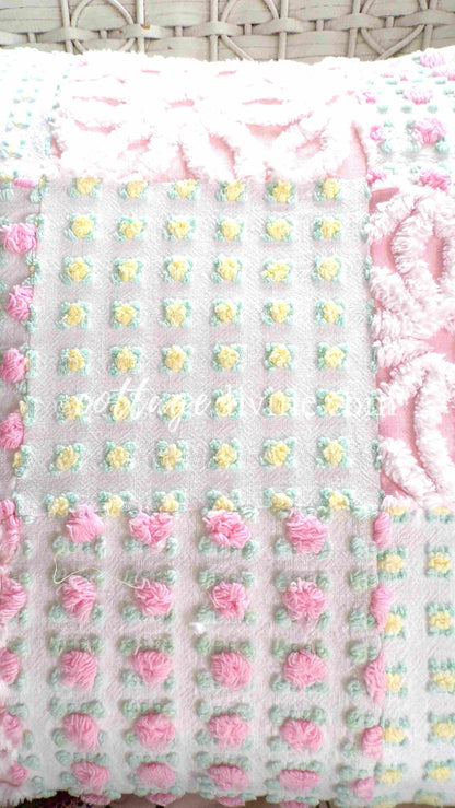 Daisy Rose Cottage Chic Chenille Pillow Cover 16" x 16" inch Square, Vintage REVERSIBLE Accent Pillow, Pink & Yellow Patchwork Design
