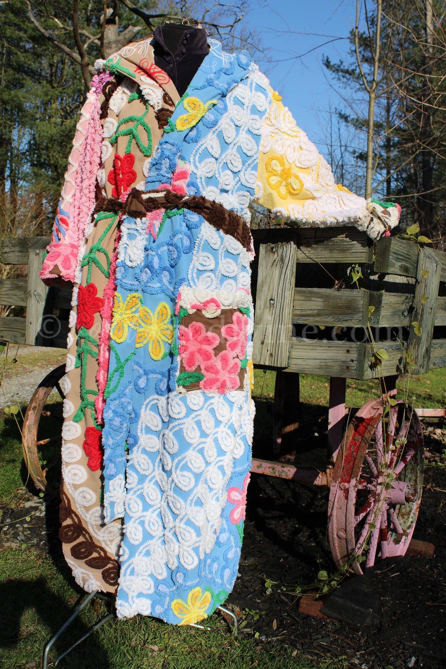 Shabby Patchwork Vintage Chenille Robe, Ladies M/L HOODED Bathrobe, Upcycled Art to Wear