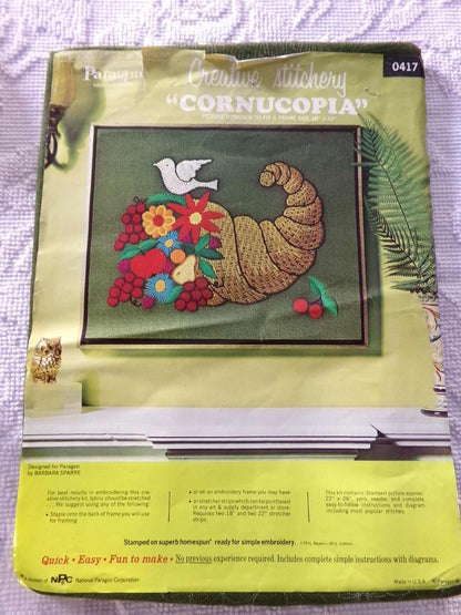 CORNUCOPIA Vintage Paragon Crewel Stitchery Embroidery Kit # 0417 Folk Hippie Style