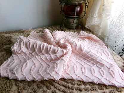 Chic Pink Eternity Links Vintage Chenille Fabric, 18" x 25" inch piece, Delicate Needletuft Design