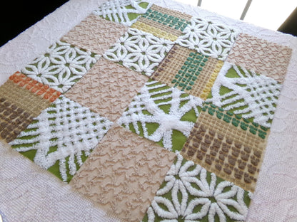 boho babe vintage chenille fabric squares, set of 16 earthtone olive, mocha, white quilt blocks 6" ea, for fiber arts, sewing, quilting