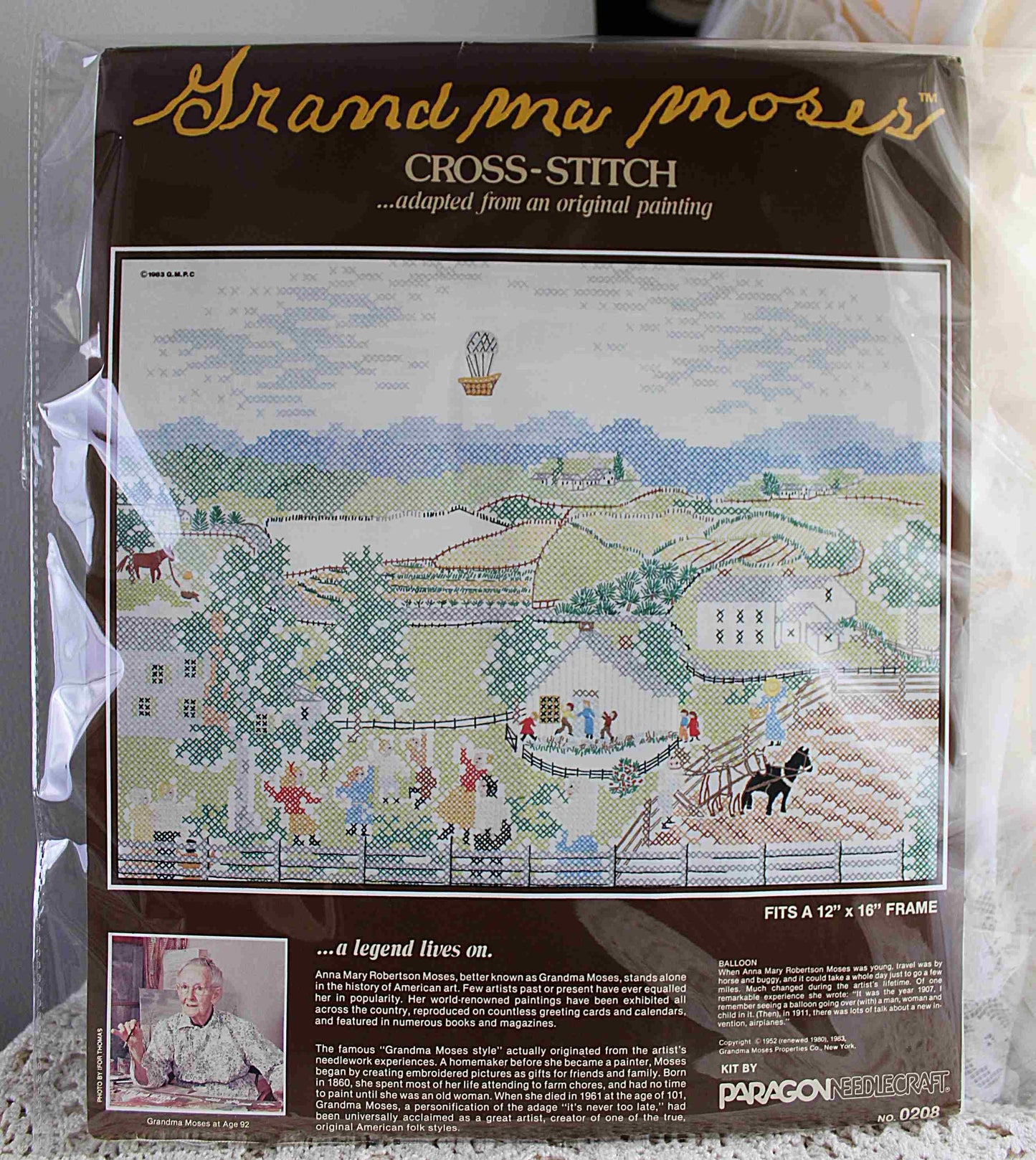 BALLOON Cross Stitch Stitchery Kit, Vintage Grandma Moses Design, Paragon Needlecraft Embroidery 0208 from 1983