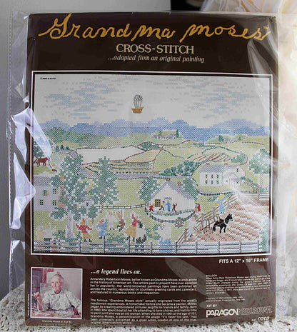 BALLOON Cross Stitch Stitchery Kit, Vintage Grandma Moses Design, Paragon Needlecraft Embroidery 0208 from 1983