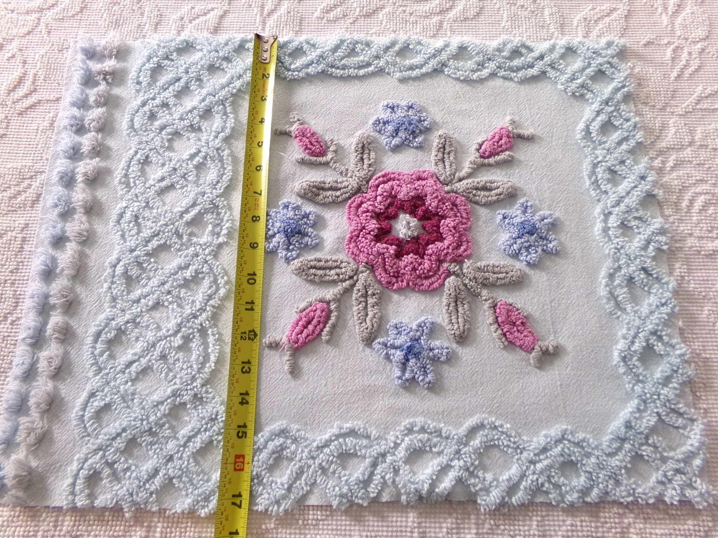 exquisite floral bloom chenille fabric, so pretty for pillow cover, 16" x 20.5" needletuft piece in ice blue with mauve pink flowers