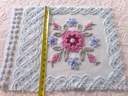 exquisite floral bloom chenille fabric, so pretty for pillow cover, 16" x 20.5" needletuft piece in ice blue with mauve pink flowers