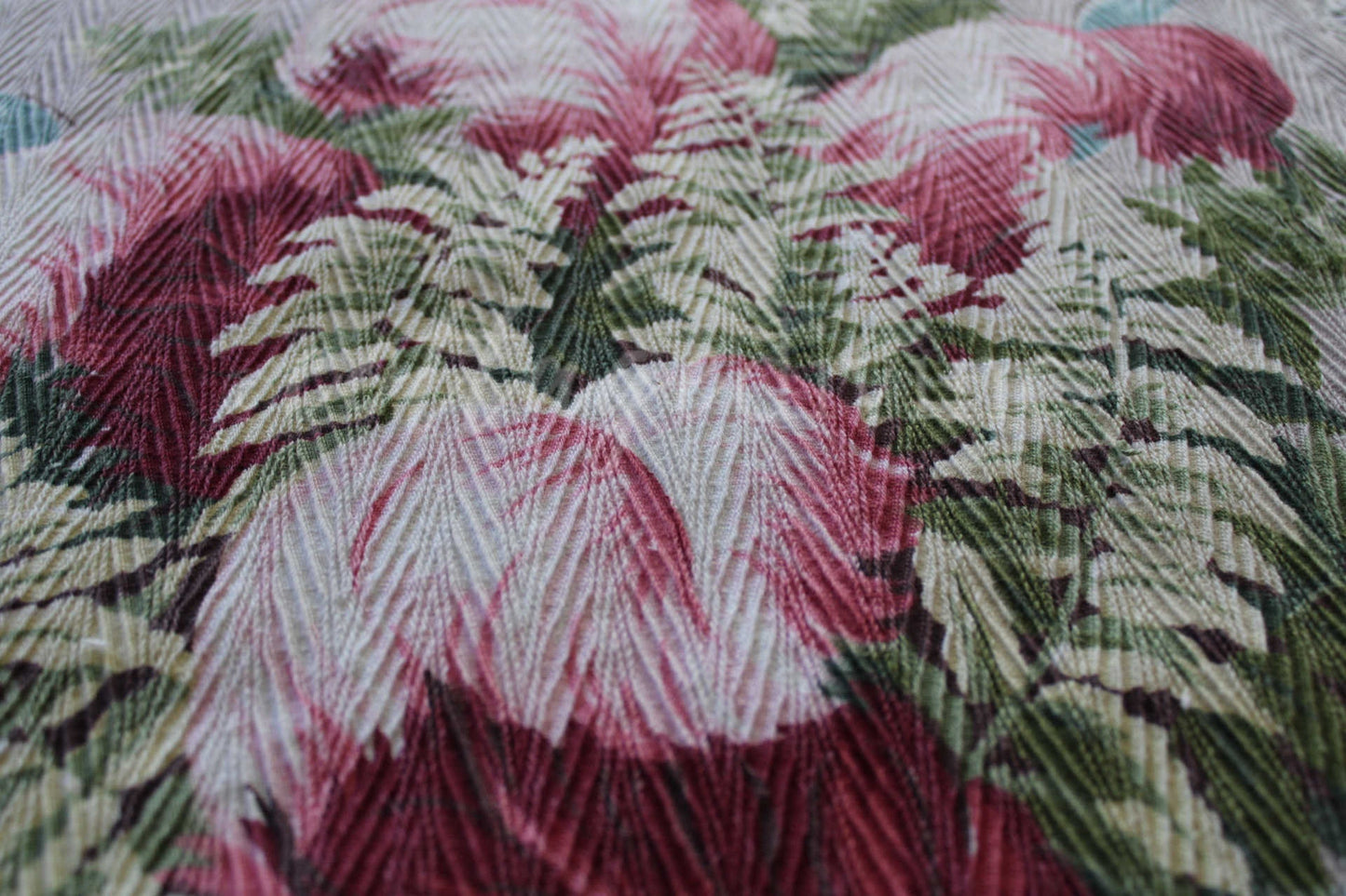 Heavenly Feather Pink Plume Vintage Barkcloth Fabric, 19" x 16" inch Piece, Botanical Floral Print on Cool Grey, Great for DIY Pillows
