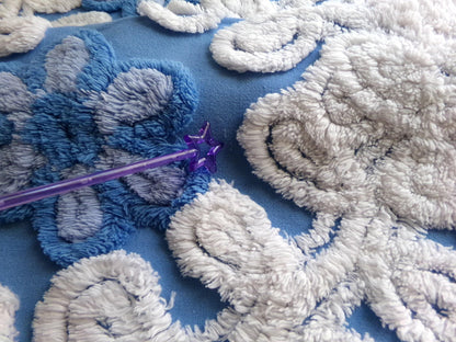 coastal cute blue chenille fabric, plush white swirls surround single flowers, 18" x 24" inch piece of vintage sewing material