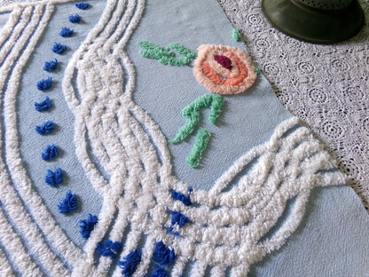 Cottage Style Blue Chenille Fabric, Pretty Pink Roses, 23" x 21" inch Piece, Great for Handmade Quilts & DIY Pillow Covers