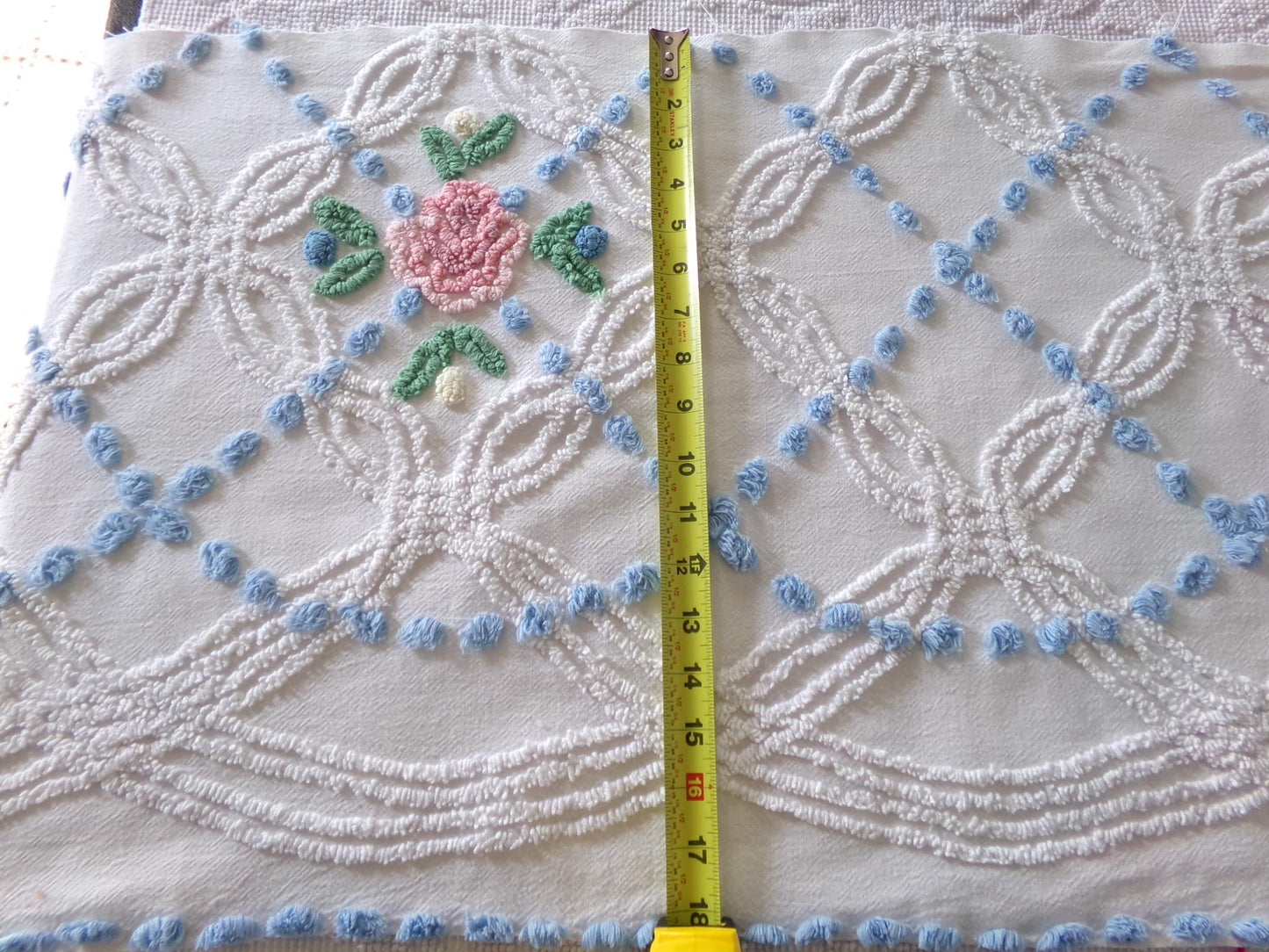beach cottage fabric, cut from vintage chenille bedspread, 18" x 34" piece with 2 floral motifs, ideal for quilting & sewing